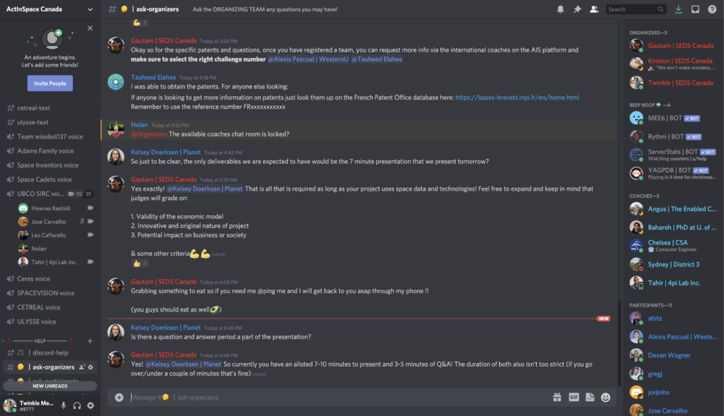 Live Discord Workspace: Where all participants were chatting amongst their teams, brainstorming solutions and talking to coaches for help!
