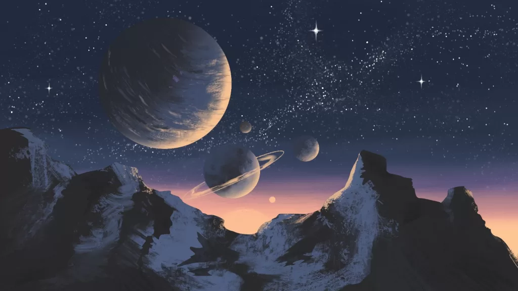 Abstract beautiful illustration of many planets in the horizon of the night sky